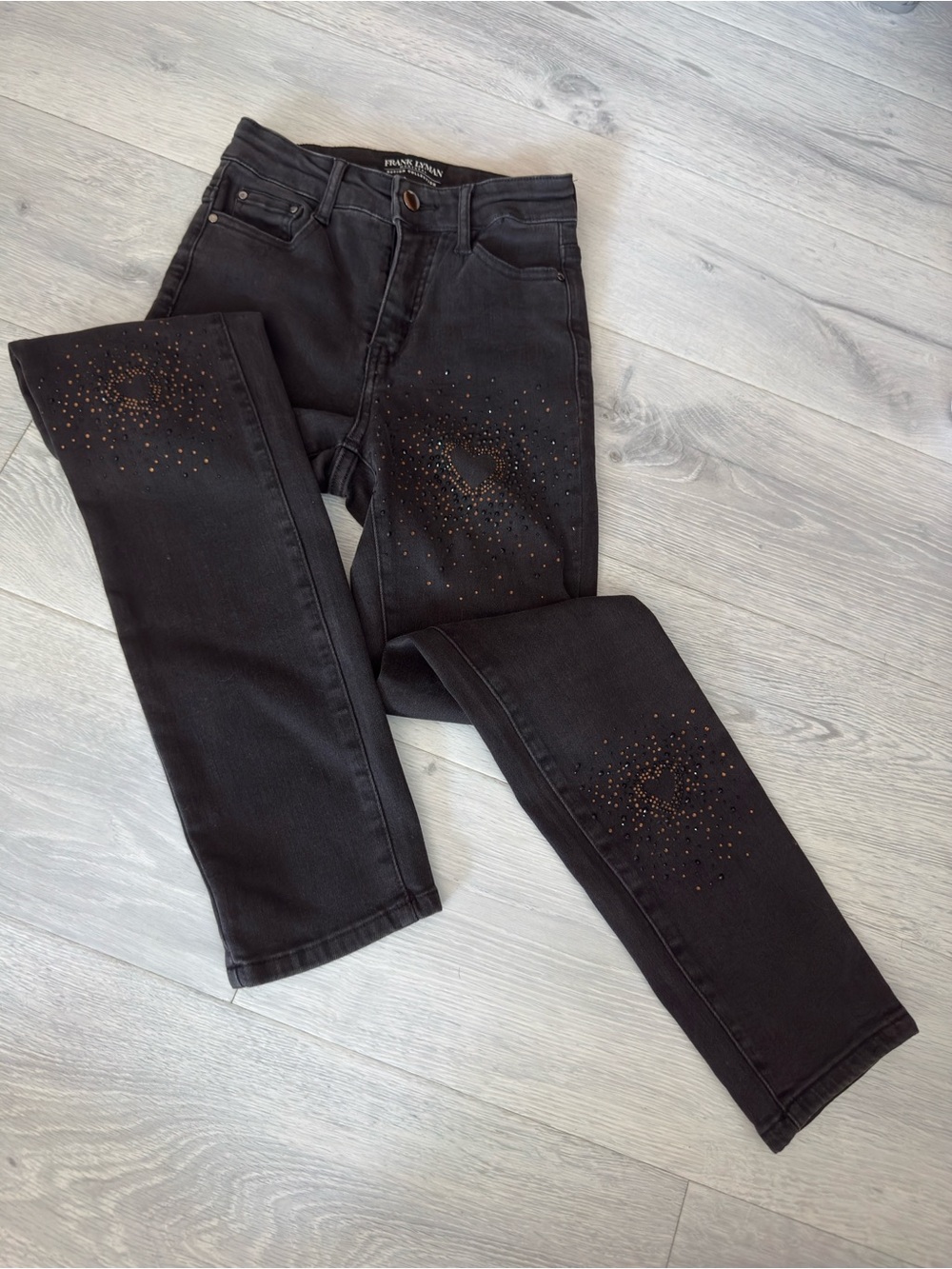 Frank Lyman Design Black Skinny Jeans with Gold-Tone Stud Accents